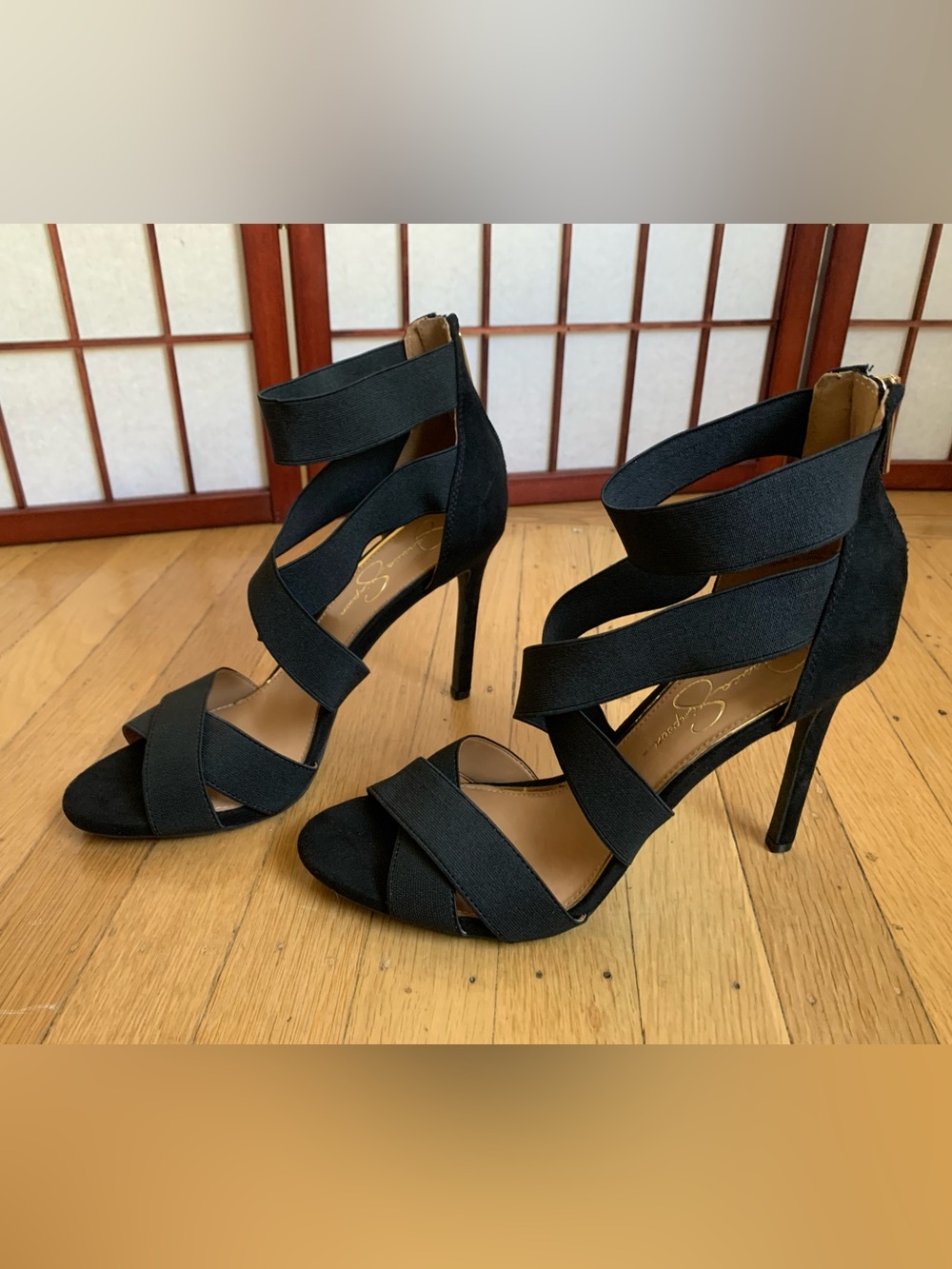 EUC JESSICA SIMPSON JULLRY Black Hi-Heel Back-Zip Elastic-Band Straps Size 10M - Picture 13 of 15